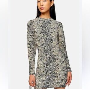 Topshop Black and Gold Snake Print Mini Dress. Long Sleeves with wide Cuffs.